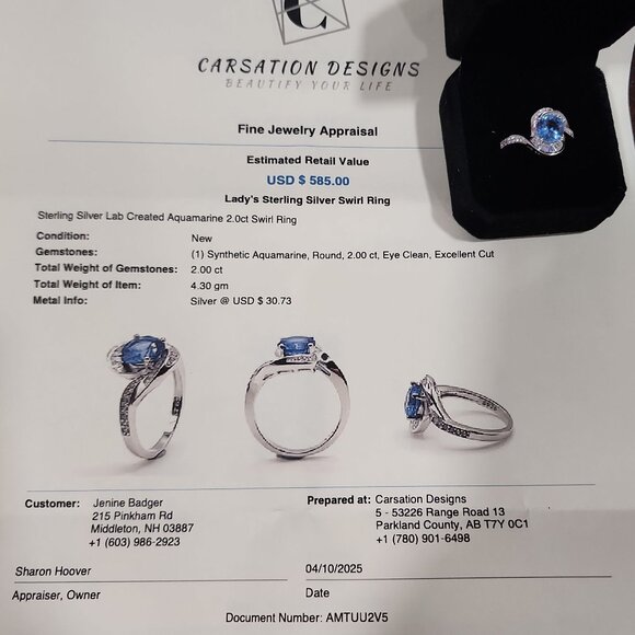 Sterling Silver Lab Created 2.0 CT Aquamarine Swirl Ring with Diamonds - Picture 9 of 10